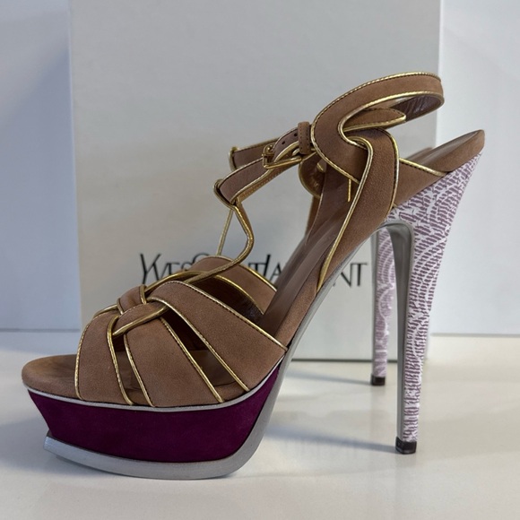YSL Tribute Yves Saint Laurent  Beige Multicolor Suede Sandal Heels EU 39 US 9 - Picture 2 of 9